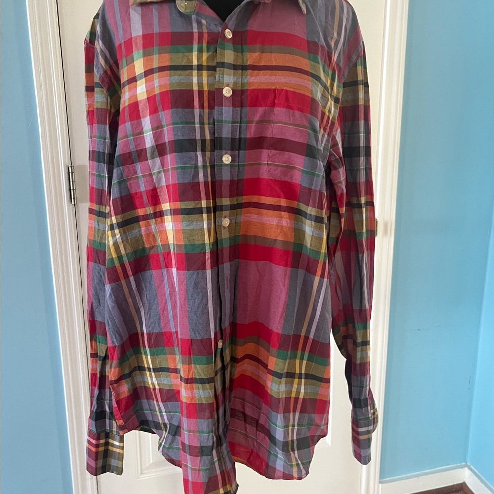 J. Crew Shirt Mens L Long Sleeve Regular Fit Red Summer Plaid Button Up Oxford